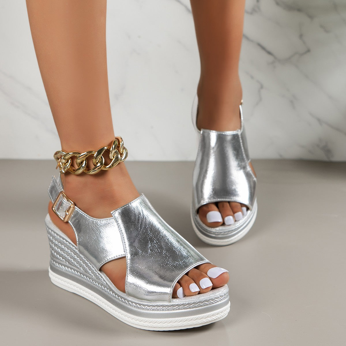 Silver Wedge Sandals for Women with Buckle